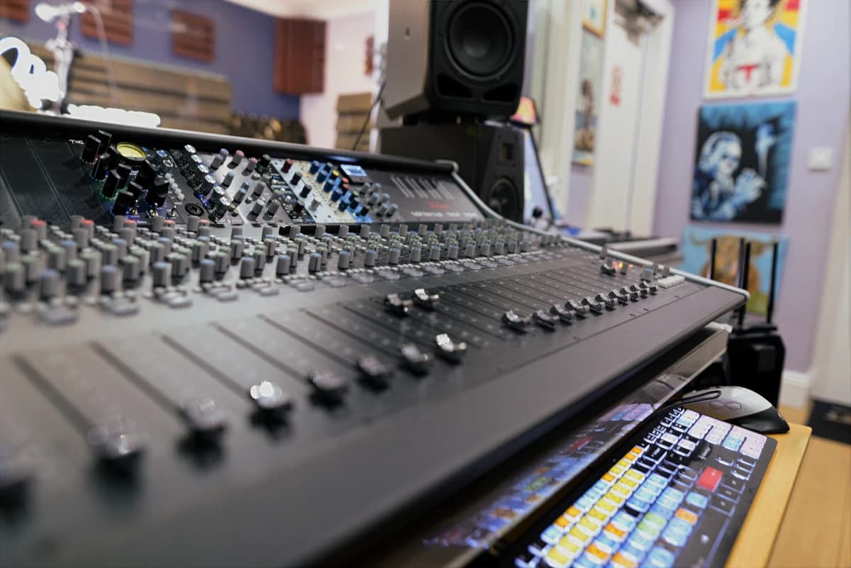 Control room at Moorcroft Studios with SSL analogue mixing console