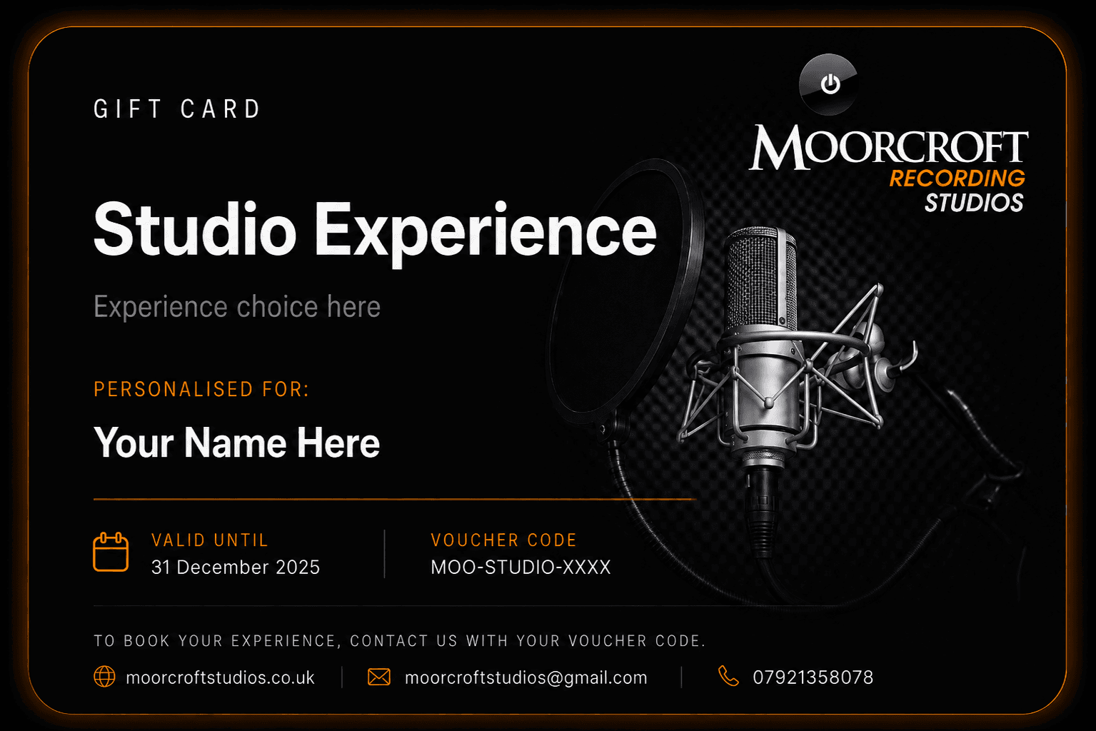 Moorcroft Studios Gift Card - Valid for any recording experience package
